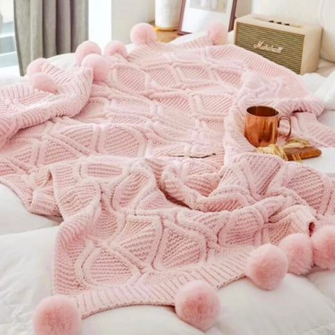 Nordic Cable Knit Throw Blankets with Faux Fur Trim Poms
