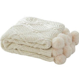 Nordic Cable Knit Throw Blankets with Faux Fur Trim Poms