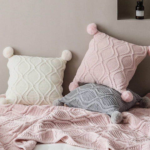 Nordic Cable Knit Pillows with Faux Fur Trim Poms