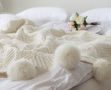 Nordic Cable Knit Throw Blankets with Faux Fur Trim Poms