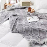 Nordic Cable Knit Throw Blankets with Faux Fur Trim Poms